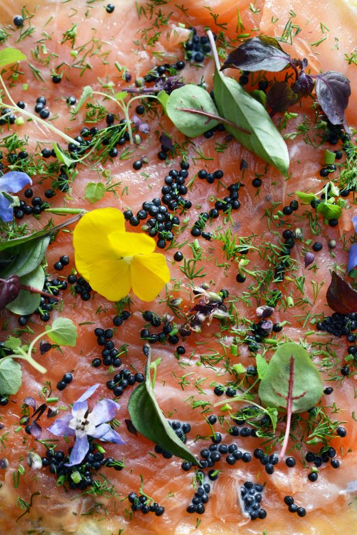 saumon aux herbes, fleurs comestibles et perles de saveurs, servi à la Brasserie L’Est à Lyon.