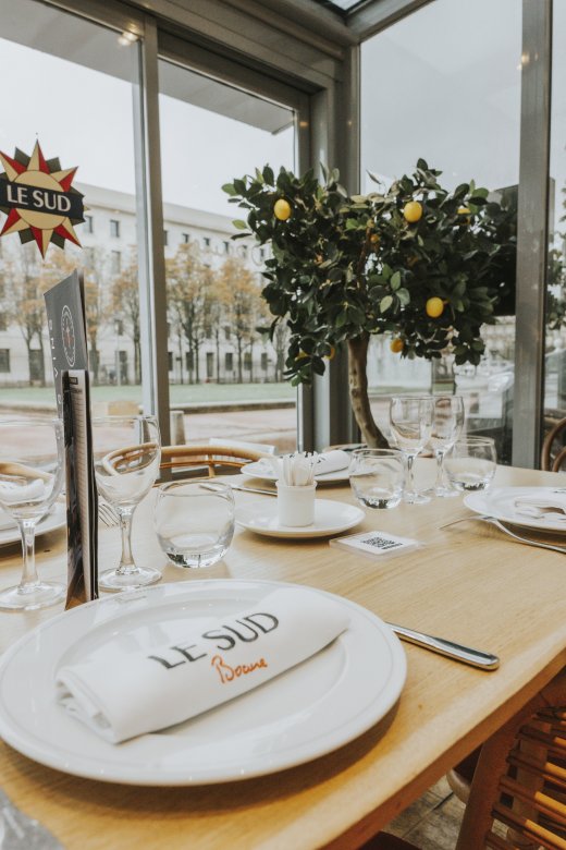 Table élégamment dressée avec serviette estampillée Le Sud et citronnier décoratif en salle à la Brasserie Le Sud à Lyon.